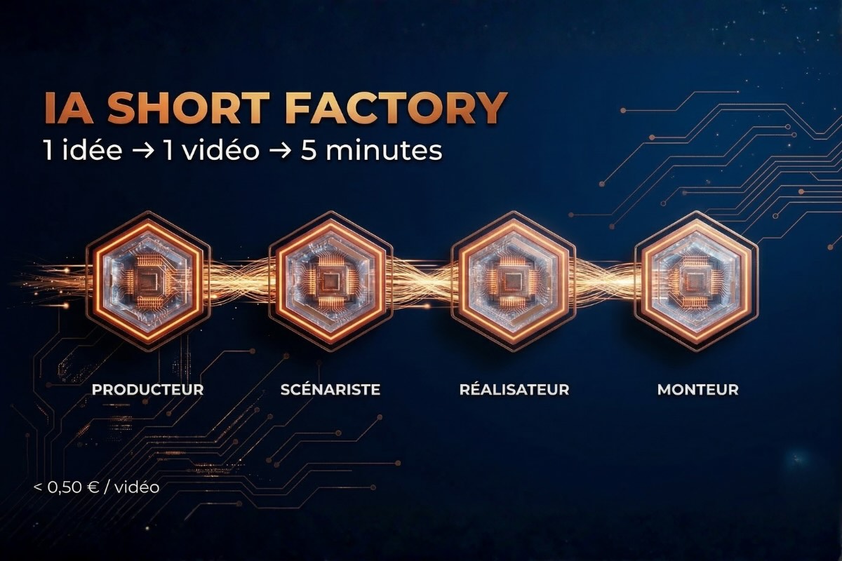 Schéma d'un pipeline vidéo IA automatisé avec n8n composé de 4 nœuds connectés : Producteur, Scénariste, Réalisateur, Monteur — formation IA Short Factory NANAKIA
