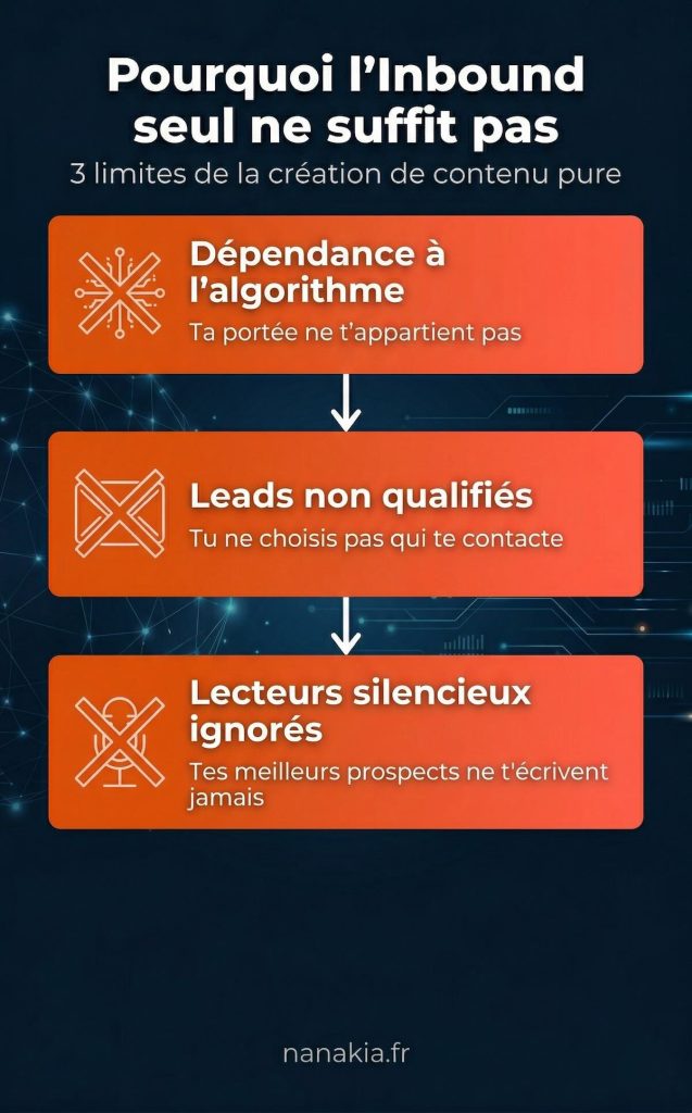 Infographie listant les 3 limites de l'Inbound LinkedIn seul : dépendance algorithme, leads non qualifiés, lecteurs silencieux ignorés