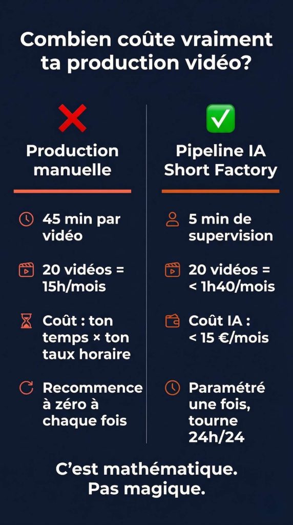 Comparatif production vidéo : à gauche, production manuelle (45 min par vidéo, 15h/mois, coût = temps × taux horaire) ; à droite, pipeline IA Short Factory (5 min de supervision, moins de 1h40 pour 20 vidéos, moins de 15€/mois de coûts IA)