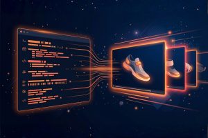 Interface de prompt Sora à gauche connectée par des traits lumineux orange à des séquences vidéo produit — illustration de la méthode Template 8 Piliers