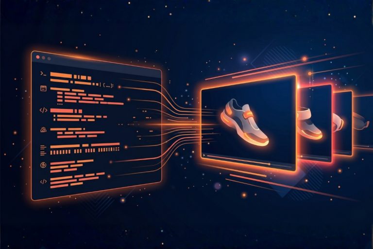 Interface de prompt Sora à gauche connectée par des traits lumineux orange à des séquences vidéo produit — illustration de la méthode Template 8 Piliers