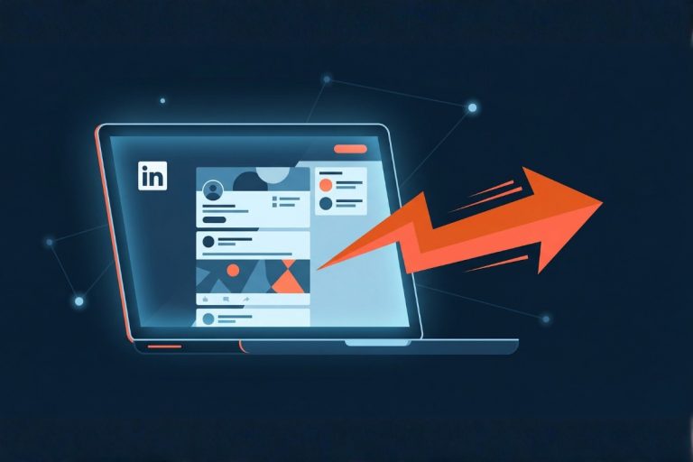 Illustration d'une interface LinkedIn sur laptop avec une flèche orange symbolisant la prospection Outbound active