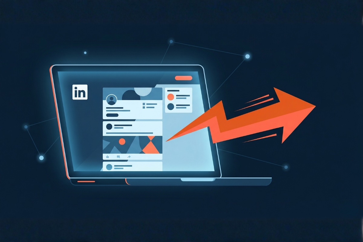 Illustration d'une interface LinkedIn sur laptop avec une flèche orange symbolisant la prospection Outbound active