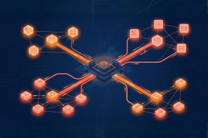 Schéma tech montrant un dashboard central connecté à plusieurs catégories Amazon (Jeux, Rangement, Loisirs, Accessoires) via des traits lumineux — illustre la méthode d'audit catégorie PPC Category Boost
