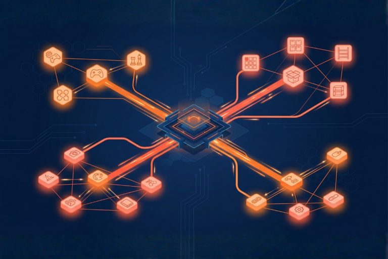 Schéma tech montrant un dashboard central connecté à plusieurs catégories Amazon (Jeux, Rangement, Loisirs, Accessoires) via des traits lumineux — illustre la méthode d'audit catégorie PPC Category Boost