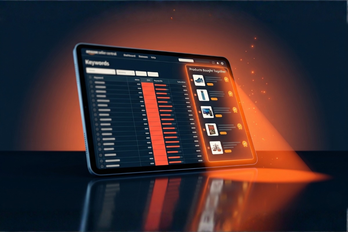 Dashboard Amazon Seller Central montrant la colonne mots-clés CPC saturés à gauche et la colonne Produits achetés ensemble éclairée en orange à droite — illustration du rapport Analyse panier par marché dans Brand Analytics