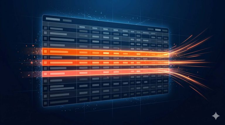 Tableau de données Amazon avec lignes illuminées en orange représentant les termes de recherche prouvés extraits du Search Term Report