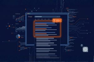 Illustration montrant les résultats Google avec les 3 premiers résultats encadrés en orange (Triangle d'Or), et l'icône ChatGPT avec un point d'interrogation — symbolisant l'absence de connexion entre ChatGPT et les données SERP réelles.