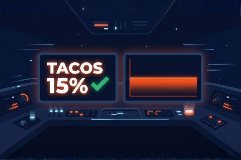 Deux écrans dans un cockpit : à gauche TACOS 15% avec une coche verte, à droite une ligne de ranking organique parfaitement plate — illustration du décalage entre un TACOS stable et un organique immobile