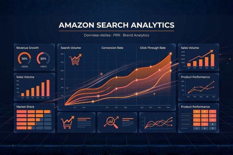 Dashboard analytique Amazon Search Analytics avec graphiques de performance en orange sur fond bleu nuit — rapport PRR et Brand Analytics