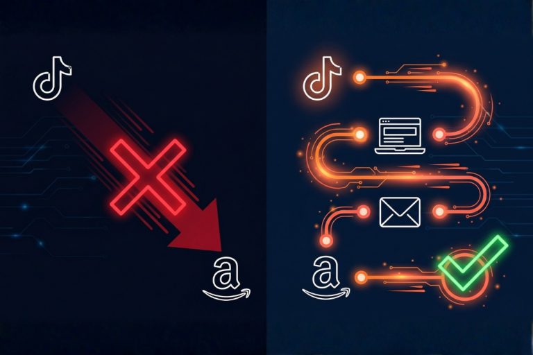 Comparaison visuelle : à gauche, flèche TikTok directement vers Amazon barrée d'une croix rouge ; à droite, le circuit correct en 4 étapes avec nœuds lumineux orange — landing page, email, code promo, fiche Amazon