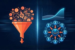 Illustration comparant le coût d'un lancement Amazon 100% PPC (entonnoir publicitaire en surcharge) face au levier communauté Instagram qui génère du trafic externe organique vers Amazon