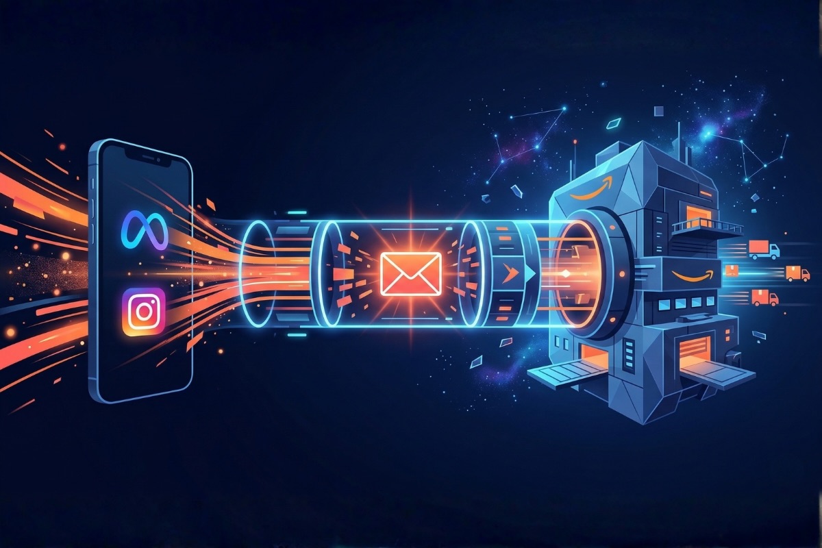 Illustration tech représentant le tunnel de trafic externe Meta Ads vers Amazon : pub, capture de lead, email, ranking