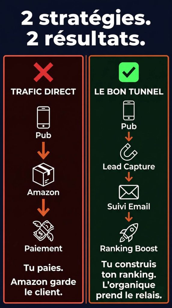 Infographie comparative : à gauche le trafic direct Meta vers Amazon (tu paies, Amazon garde le client), à droite le bon tunnel — pub, lead capture, suivi email, ranking boost