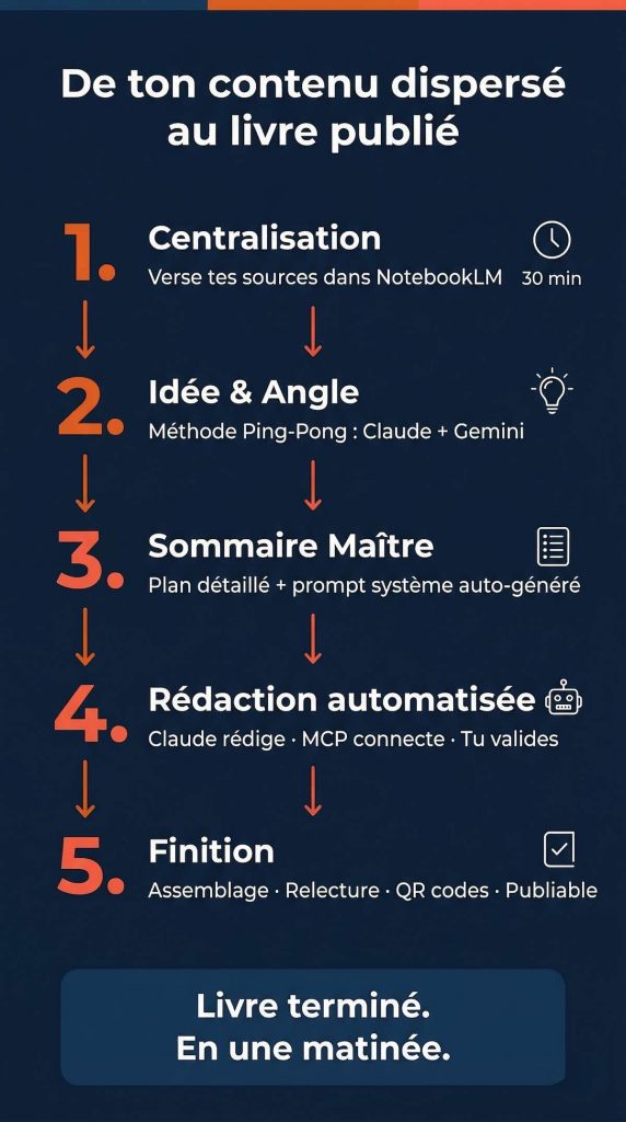 Infographie des 5 phases de production d'un livre avec l'IA : centralisation des sources, idée et angle, sommaire maître, rédaction automatisée avec Claude et MCP, finition et publication