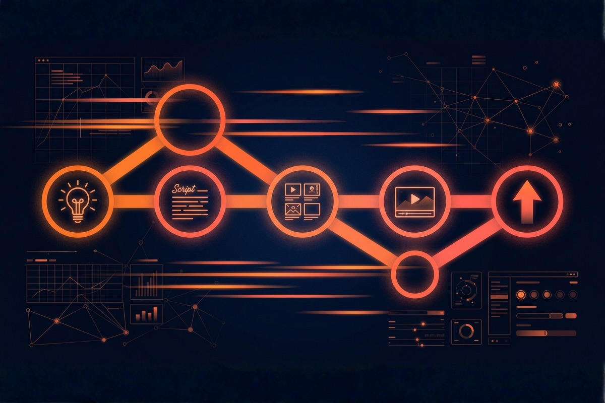 Infographie : le workflow short vidéo IA en 5 étapes — intention, storyboard, production, montage, monétisation