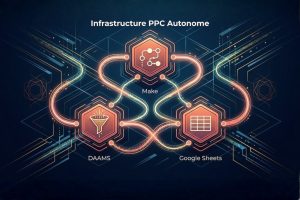 Schéma de l'infrastructure PPC autonome Amazon avec Make, DAAMS et Google Sheets
