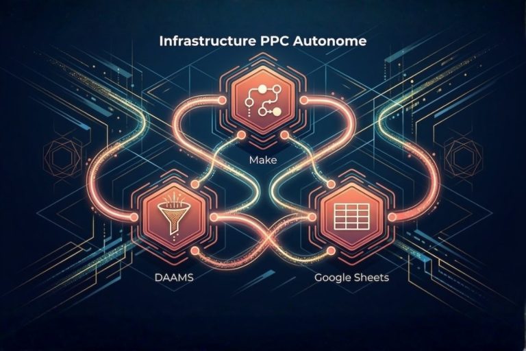 Schéma de l'infrastructure PPC autonome Amazon avec Make, DAAMS et Google Sheets