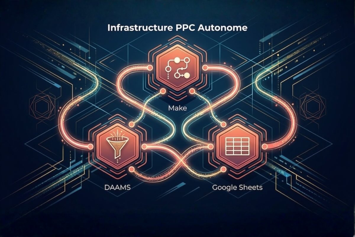 Schéma de l'infrastructure PPC autonome Amazon avec Make, DAAMS et Google Sheets