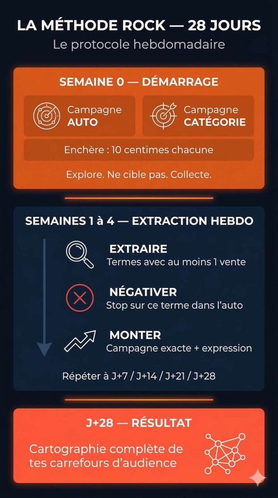 Infographie Méthode Rock Amazon 28 jours - protocole extraction négativation campagnes PPC lancement
