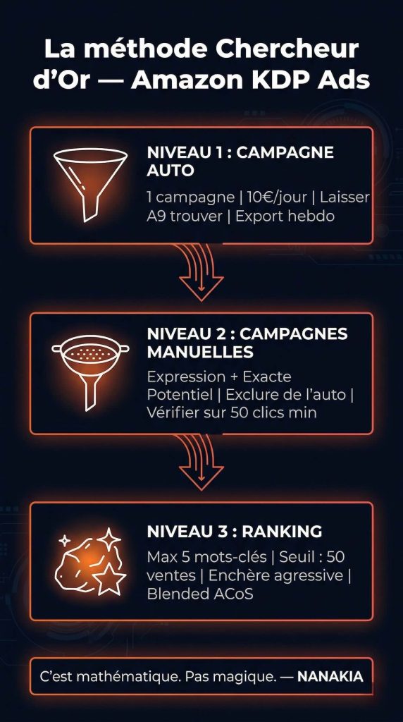 Infographie méthode Chercheur d'Or Amazon KDP Ads : campagne automatique, campagnes manuelles, campagne de ranking