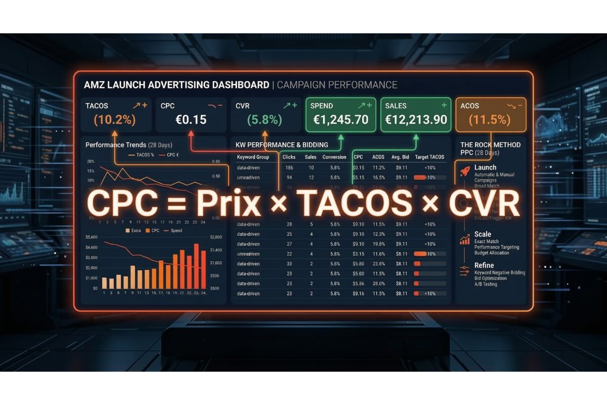 Dashboard campagnes Amazon avec formule CPC rentable - TACOS × Prix × CVR