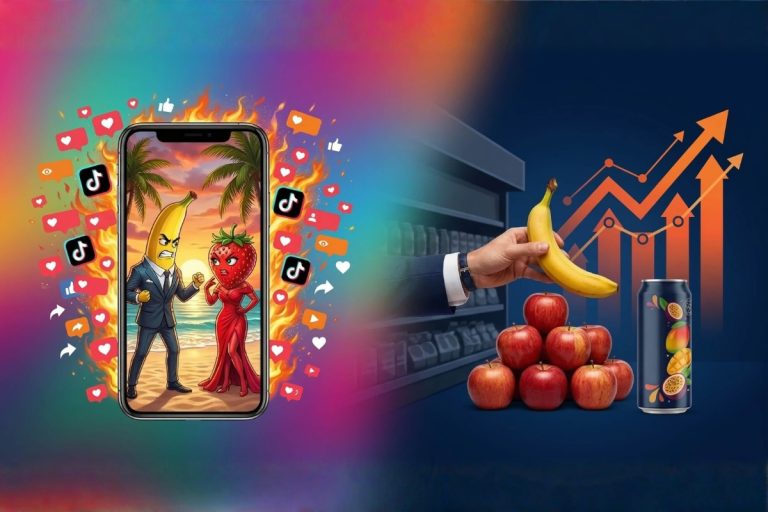 Illustration trendjacking TikTok montrant les personnages fruits de Fruit Love Island à côté d'une banane en rayon avec des indicateurs de croissance marketing